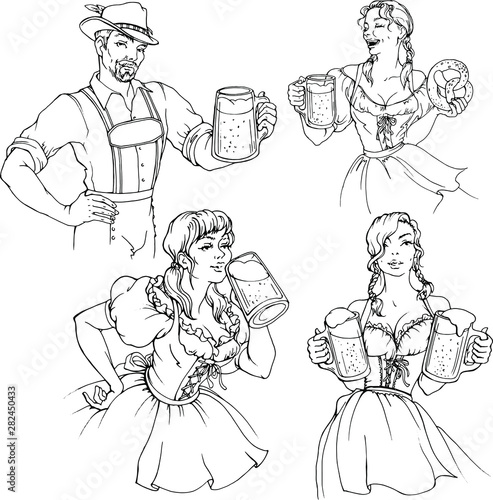 Vector set with handsome man and pretty girls celebrating October fest. Fun., beer , pretzel. 