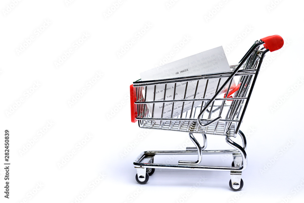 Shopping cart with receipt isolated on white background. Concept of grocery expenses and consumerism.