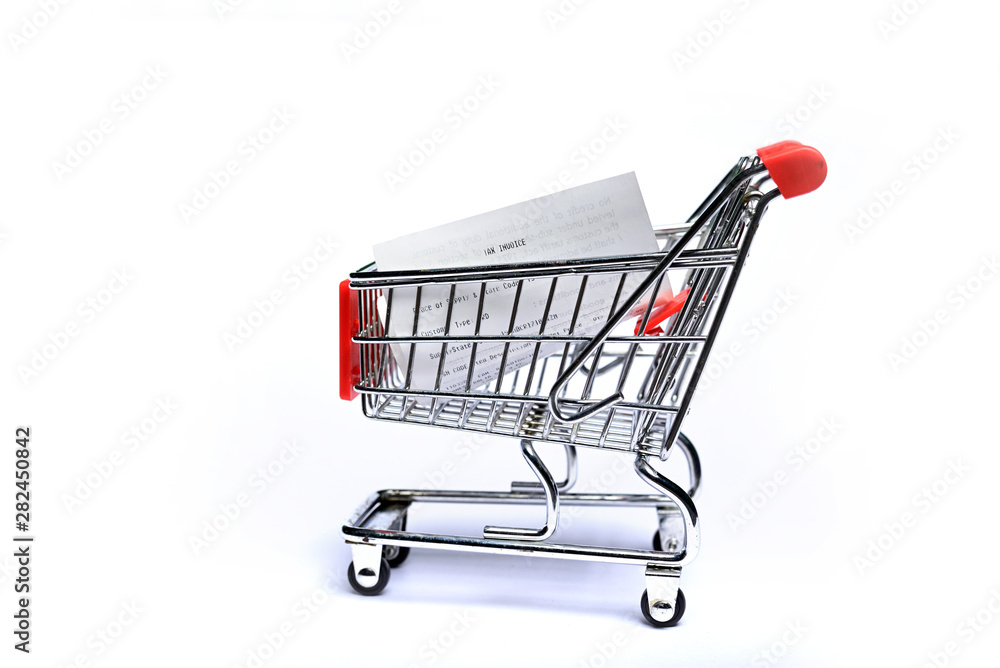 Shopping cart with receipt isolated on white background. Concept of grocery expenses and consumerism.