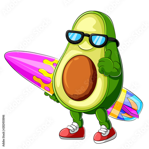funny avocado cartoon surfing