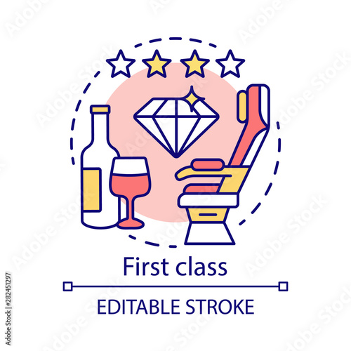 First class concept icon. Passenger seat idea thin line illustration. Aircraft travel class seating. Glass of champagne. Airplane cabin. Vector isolated outline drawing. Editable stroke