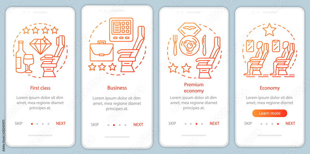 Naklejka premium Aircraft travel class seating orange onboarding mobile app page screen vector template. Business class. Walkthrough website steps with linear illustrations. UX, UI, GUI smartphone interface concept