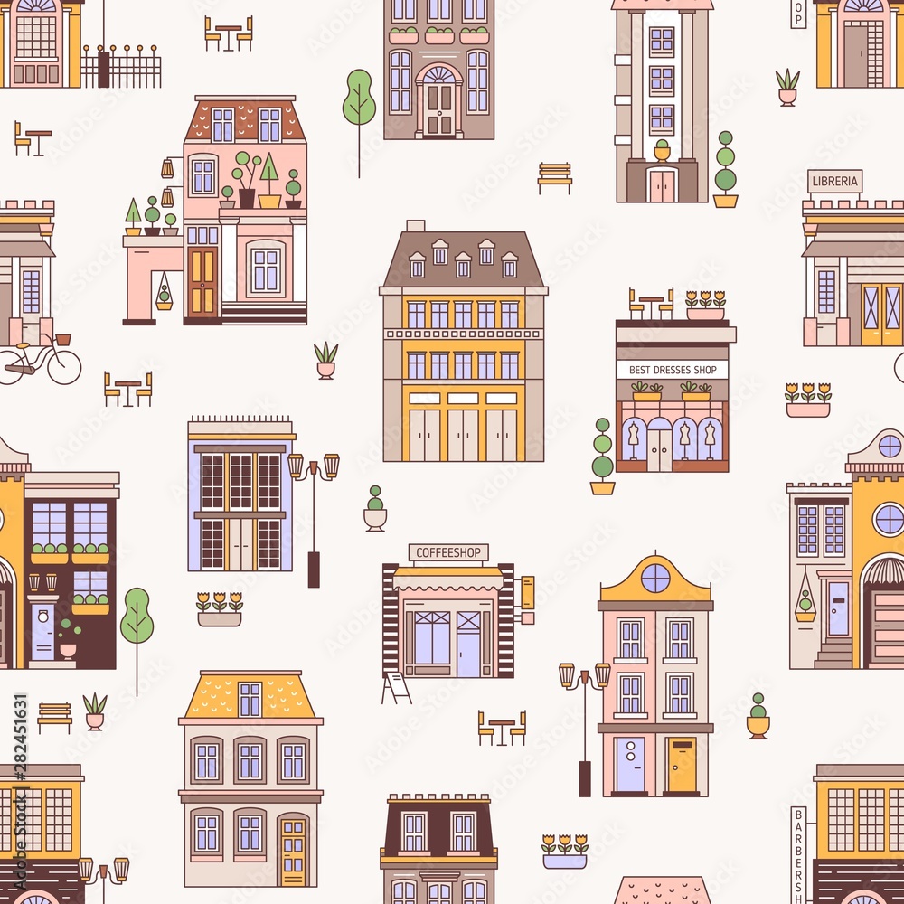 Seamless pattern with city buildings of elegant European architecture. Backdrop with residential houses and shops. Modern colorful vector illustration in linear style for wrapping paper, wallpaper.