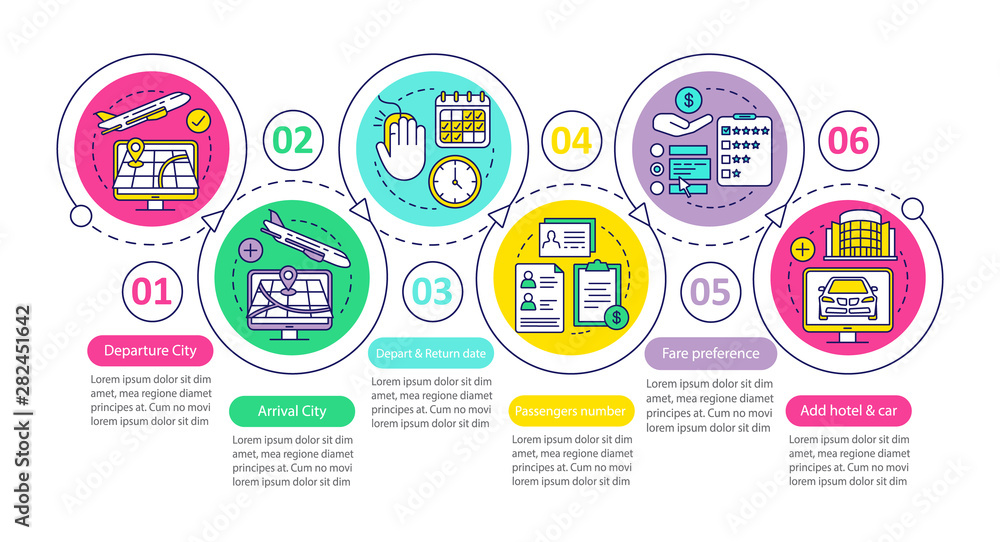Trip organisation vector infographic template. Business presentation design elements. Data visualization with six steps and options. Process timeline chart. Workflow layout with linear icons Trip organisation vector infographic template. Business presentation design elements. Data visualization with six steps and options. Process timeline chart. Workflow layout with linear icons