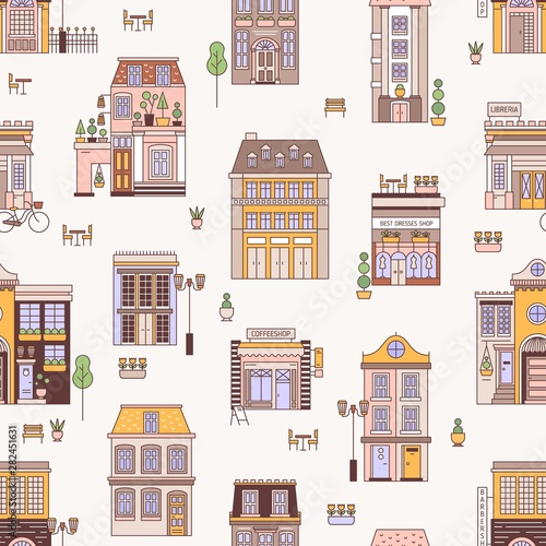 Seamless pattern with city buildings of elegant European architecture. Backdrop with residential houses and shops. Modern colorful vector illustration in linear style for wrapping paper, wallpaper.