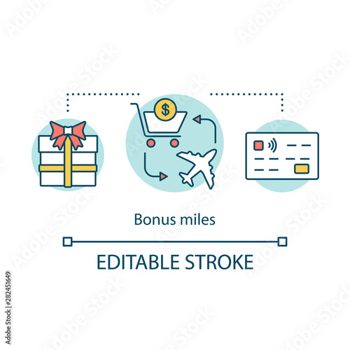 Bonus miles concept icon. Low cost flights idea thin line illustration. Discount tickets. Rewards airline credit card. Miles purchase. Aircraft travel. Vector isolated outline drawing. Editable stroke