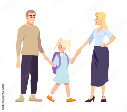 Parents and daughter schoolgirl holding hands flat illustration. First day at school. Young father, mather and blonde preteen schoolkid. Family going to school together isolated cartoon characters