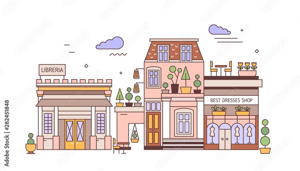 Cityscape with facades of elegant buildings of European architecture. Urban landscape or street view of city district with living house, library and apparel store. Vector illustration in linear style.