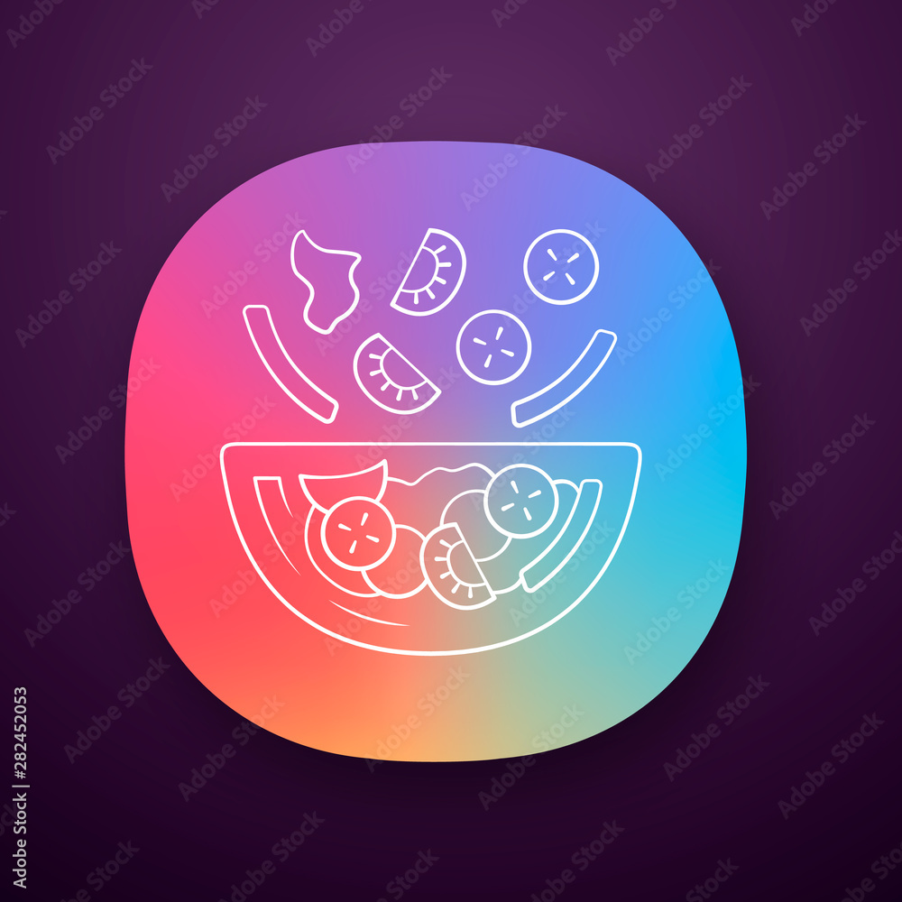 Salad bowl app icon. Fresh organic food. Vegan eating, vegetables. Healthy nutrition. Vitamin and diet. Tomato, cucumber. UI/UX user interface. Web or mobile application. Vector isolated illustration Salad bowl app icon. Fresh organic food. Vegan eating, vegetables. Healthy nutrition. Vitamin and diet. Tomato, cucumber. UI/UX user interface. Web or mobile application. Vector isolated illustration