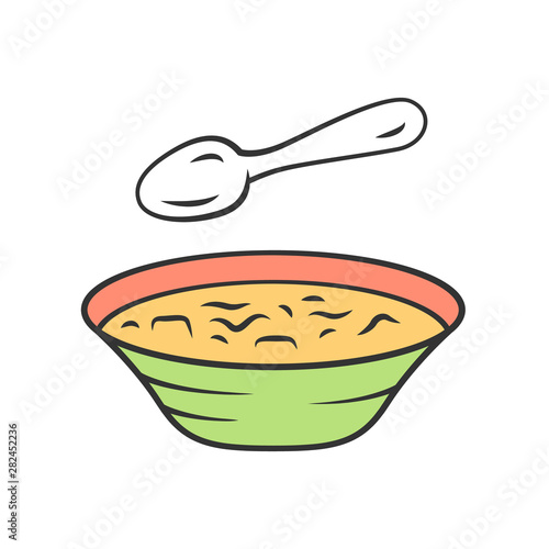 Soup color icon. Bowl and spoon, kitchenware. Hot steaming soup plate. First meal. Healthy diet. Nutritious meal. Bistro, restaurant, cafe menu. Isolated vector illustration