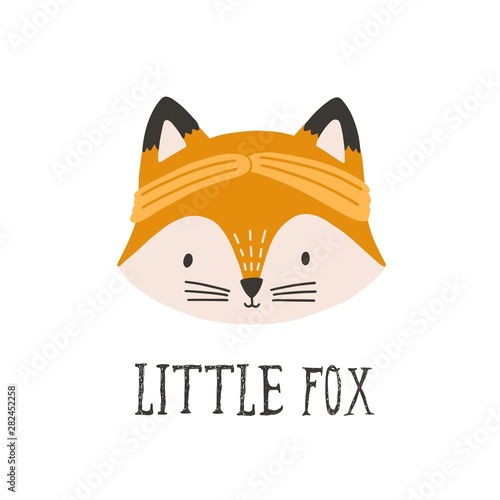 Funny face or head of fox wearing headband. Funny cute happy muzzle of forest...