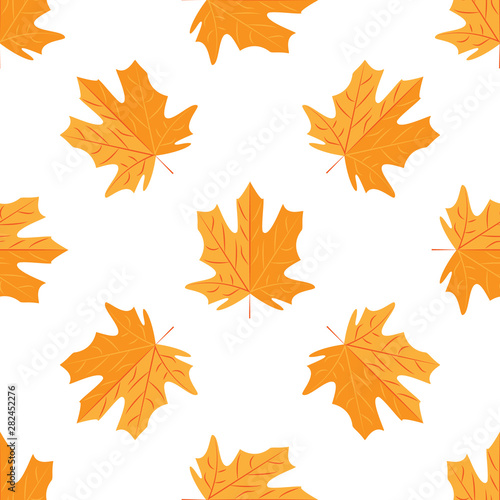 Autumn Set of Orange Maple Leaves on White Background, Vector Version.Seamless maple leaf pattern