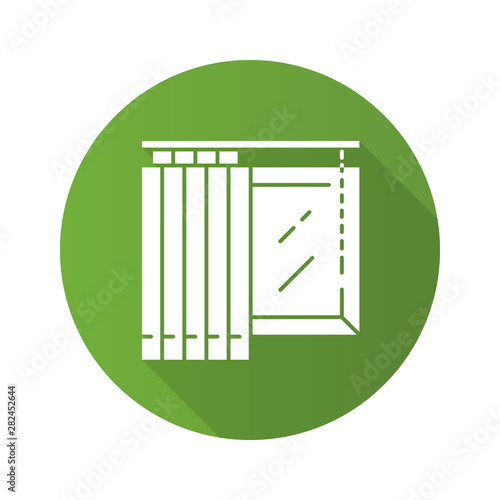 Vertical blinds flat design long shadow glyph icon. Office and house window covering. Home interior design. Kitchen, living room darkening decoration. Window treatments. Vector silhouette illustration