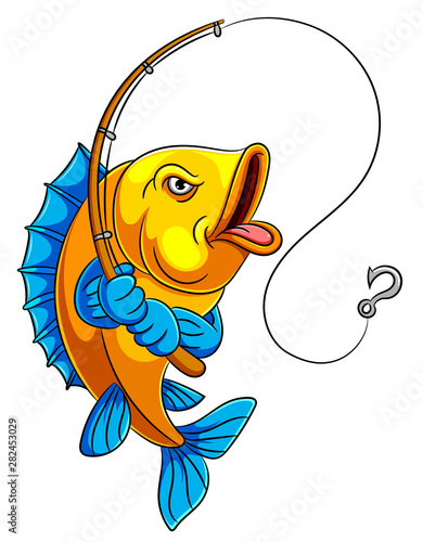 Leinwand Poster A cartoon fish holding fishing rod