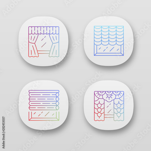 Window blinds app icons set. Austrian shades, lace curtains, window treatment set. House decor. Office interior design. UI/UX user interface. Web or mobile applications. Vector isolated illustrations