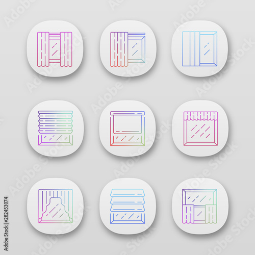 Window shutters app icons set. Roller, roman shades, panel, swags, valance. Motorized jalousie. Home interior shop. UI/UX user interface. Web or mobile applications. Vector isolated illustrations