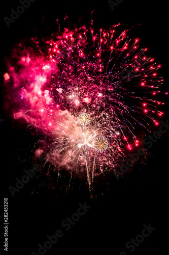 Celebration With Bright Colorful Fireworks Over Black Sky