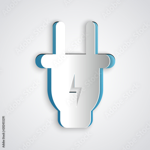 Paper cut Electric plug icon isolated on grey background. Concept of connection and disconnection of the electricity. Paper art style. Vector Illustration