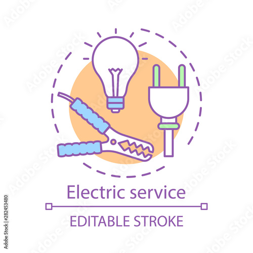 Electric service concept icon. Home service idea thin line illustration. Power outlet repair. Illuminator and electric lamps fix. House maintenance. Vector isolated outline drawing. Editable stroke