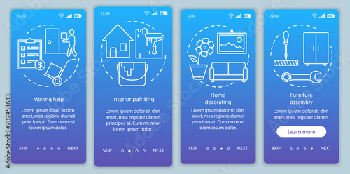 Home services onboarding mobile app page screen vector template. Moving help. Walkthrough website steps with linear illustrations. Interior painting. UX, UI, GUI smartphone interface concept