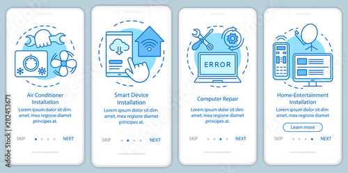 Home services for electronic devices onboarding mobile app page screen with linear concepts. Four walkthrough steps graphic instructions. Computer repair. UX, UI, GUI vector template, illustrations