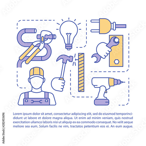 Handyman service article page vector template. Handyperson tools. Brochure, magazine, booklet design element with linear icons and text boxes. Print design. Concept illustrations with text space