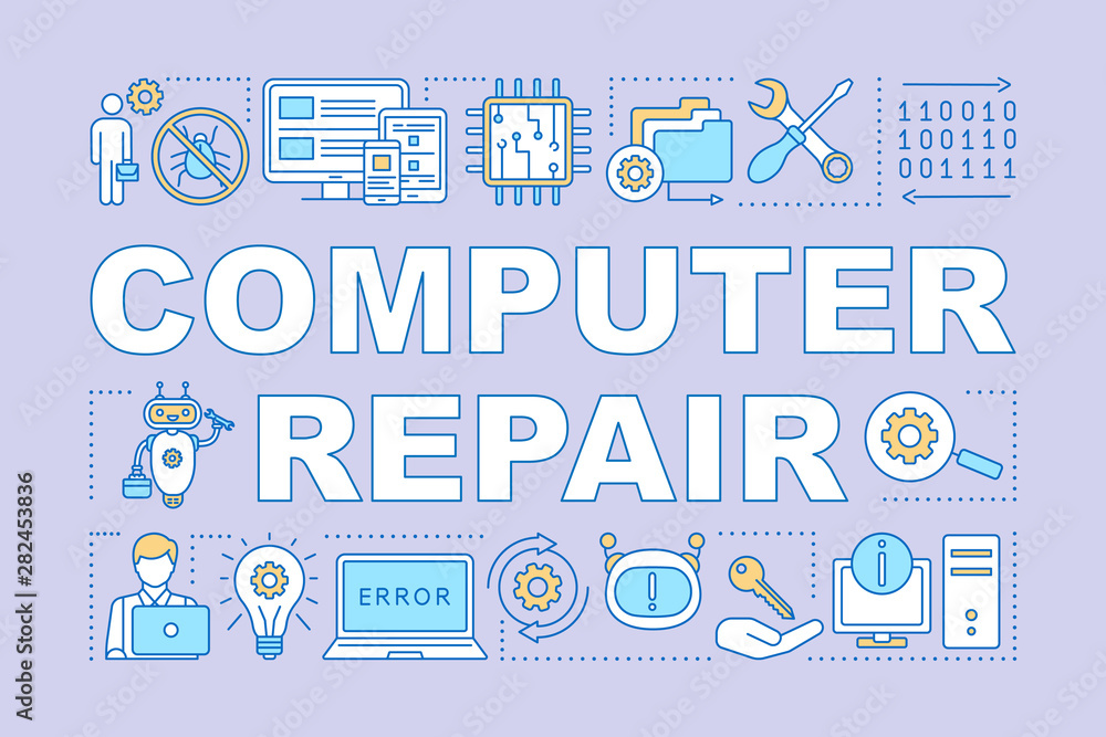 Computer repair word concepts banner. Operating system reinstall. Laptop refit. Presentation, website. Isolated lettering typography idea with linear icons. Vector outline illustration Computer repair word concepts banner. Operating system reinstall. Laptop refit. Presentation, website. Isolated lettering typography idea with linear icons. Vector outline illustration