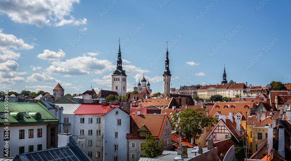 Cityscape view from the city walls of historic Tallinn, Estonia