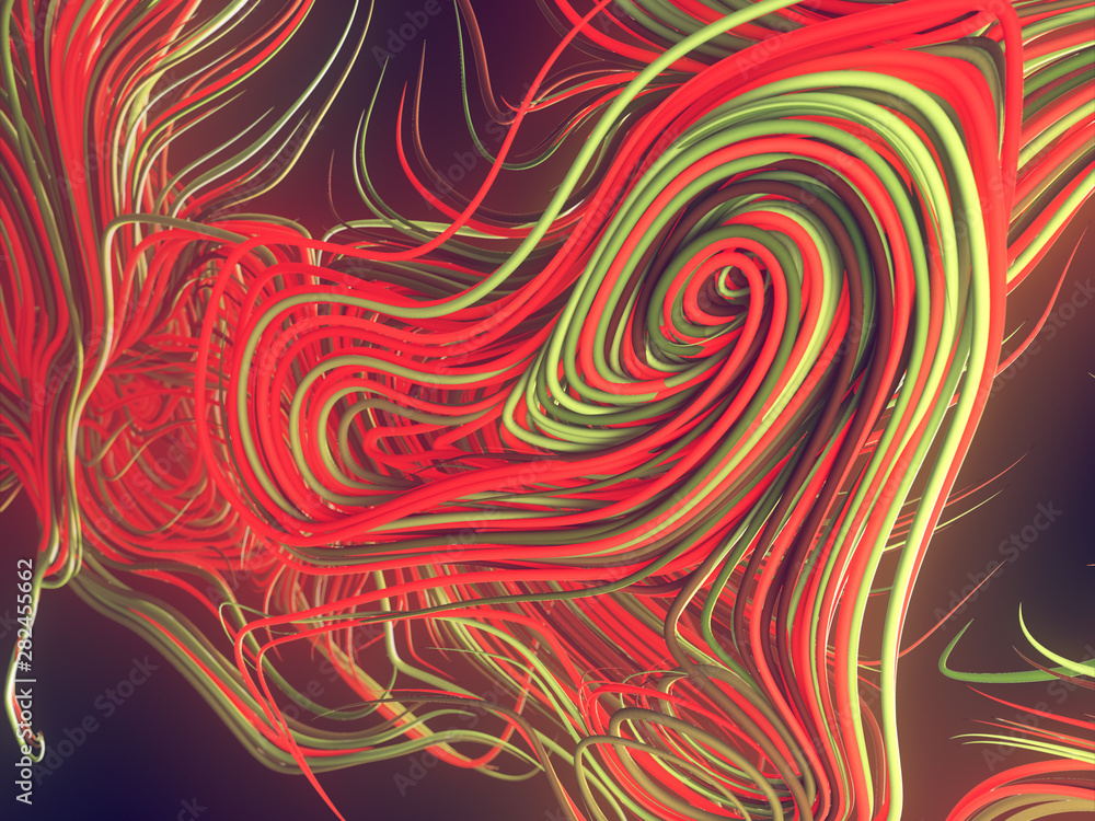 Interlacing abstract colored curves. Computer generated geometric pattern. 3D rendering