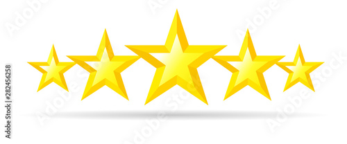 Five stars rating realistic yellow 3D icon. Quality sign template  rank star facet symbol. Vector illustration
