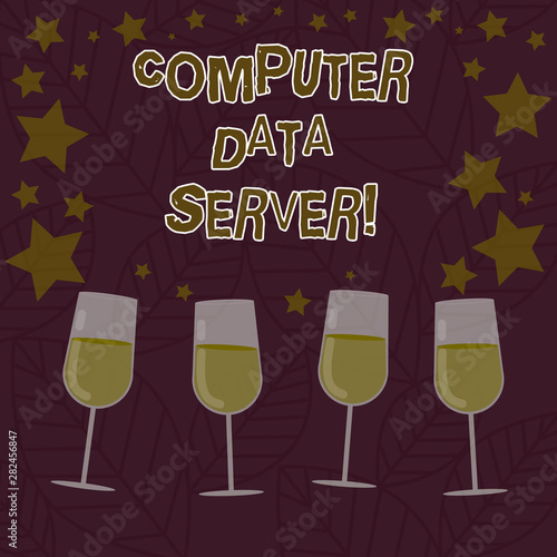 Conceptual hand writing showing Computer Data Server. Business photo text Computer platform that delivers database services Filled Cocktail Wine with Scattered Stars Confetti Stemware