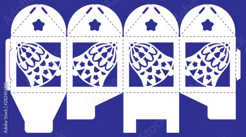 Openwork box with a lace ornament. Vector bonbonniere for baptism, party, christmas. Laser cutting template. Silhouette of Xmas bell. Cube gift framework to print, cut and fold.