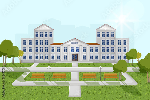 Architectural facade university Vector flat style. Summer day park outdoors