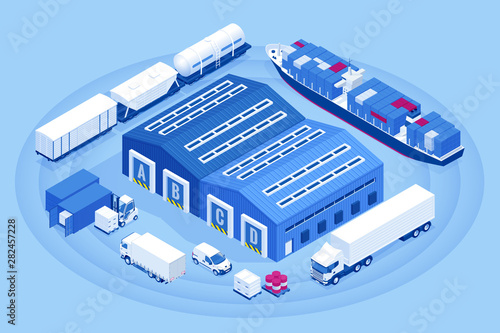 Isometric Industrial Warehouse Loading Dock. Truck with Semi Trailers Load Merchandise. Import export business logistic and transportation of international by container cargo