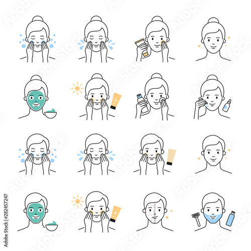Women's and Men's skin daily care, beauty treatment vector icons set