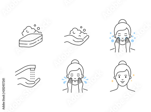 Women's skin care cleansing outline vector icons