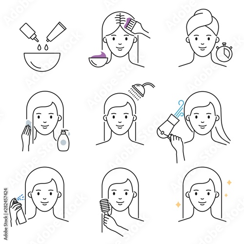 Hair dyeing icons vector illustration outline style