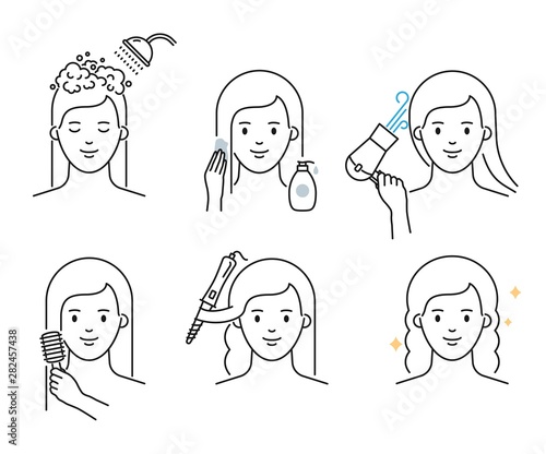 Hair care routine: washing, mask applying, drying, brushing, styling, curling vector illustration outline style