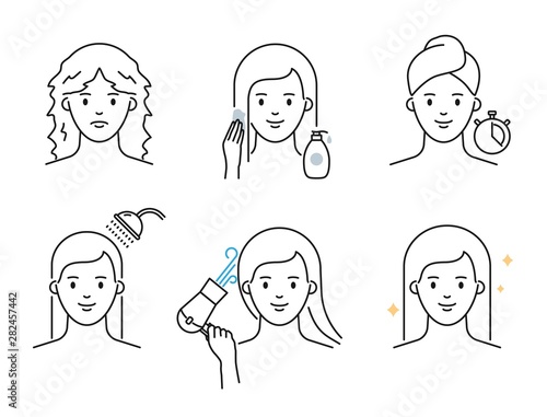 Hair treatment: mask applying, washing, drying vector illustration outline style