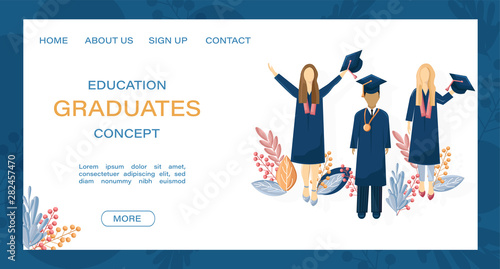 Students graduation Vector flat style. Symbols knowledge template. Happy pupi...