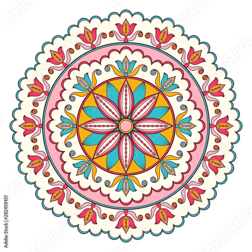 Decorative colorful ethnic mandala pattern. Design element for greeting card, banner or poster in oriental style. Hand drawn illustration