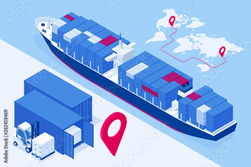 Isometric Maritime transport logistics concept. Ship cargo delivery or boat shipping containers and parcel boxes. Import export business logistic, transportation of international by container cargo.