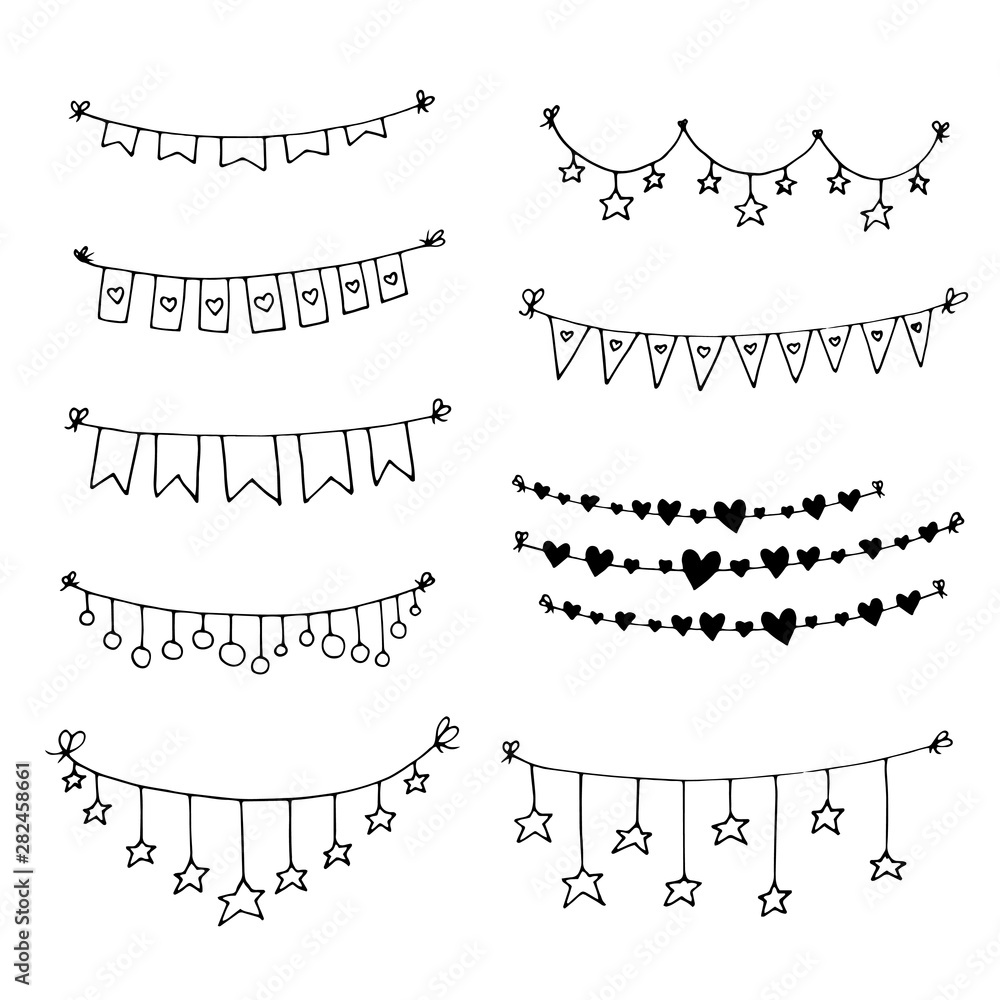 Holiday decoration doodle set. Handdrawn decor for celebration. Sketch festive garlands with stars and flags