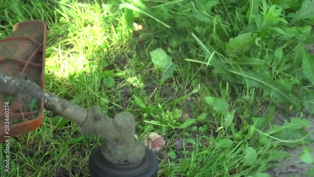 Close up. Man Gardener mowing lawn with gasoline brush cutter, slow motion. Lawn mowing. Close up. Man Gardener mowing lawn with gasoline brush cutter, slow motion. Lawn mowing.