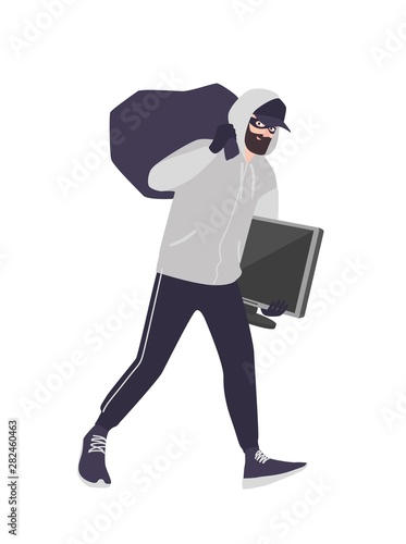 Cheerful male thief wearing mask, cap and hoodie carrying bag and TV. Bearded man commits theft, burglary or housebreaking. Burglar or criminal with loot. Flat cartoon colorful vector illustration.