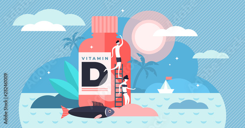 Vitamin D vector illustration. Flat tiny source collection persons concept.