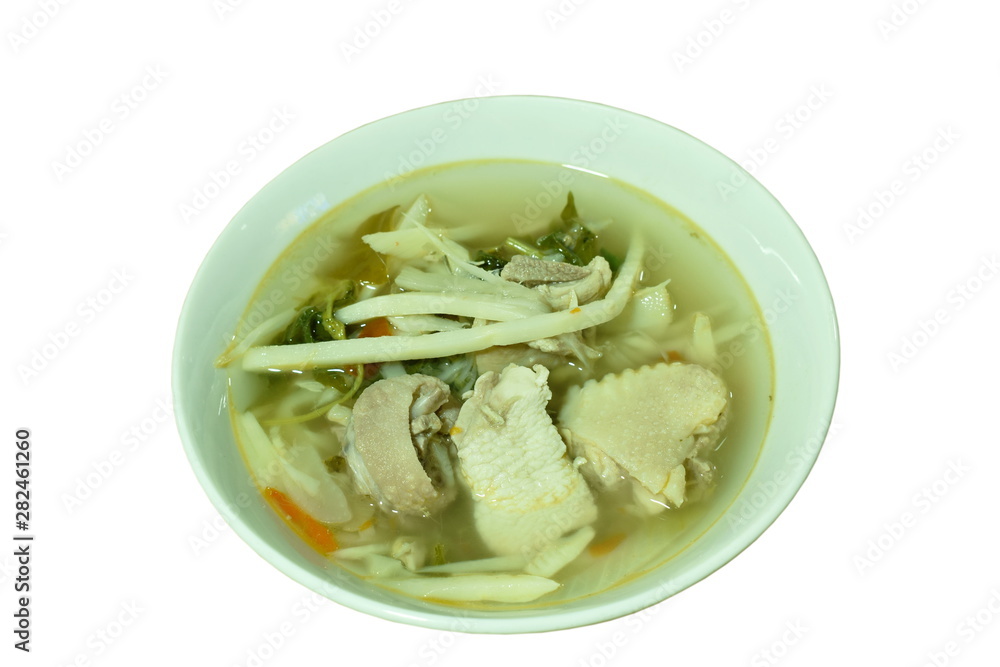 spicy boiled bamboo shoot with chop chicken soup on bowl spicy boiled bamboo shoot with chop chicken soup on bowl
