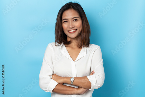 portrait business woman asian on blue background