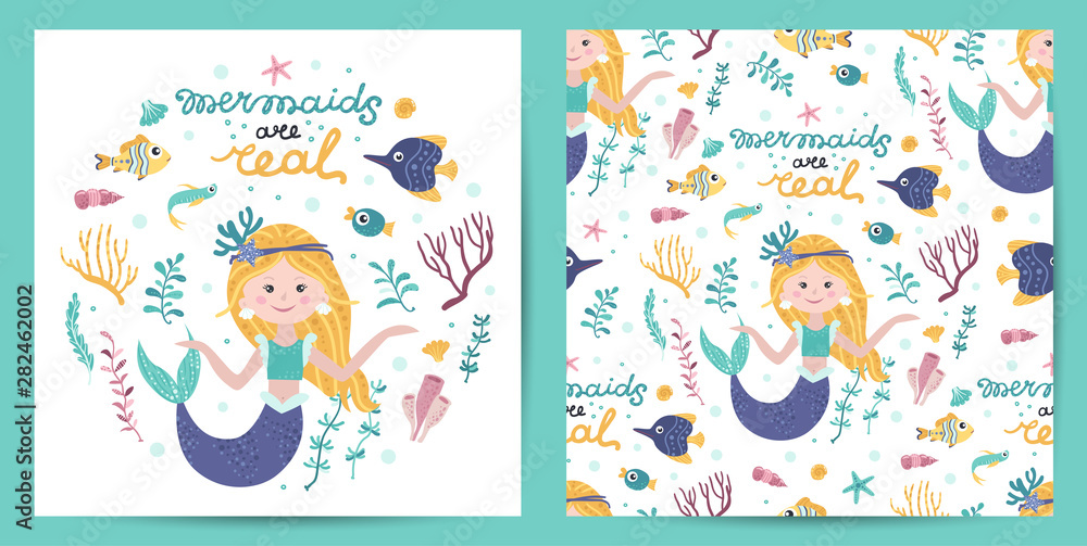 Set of seamless pattern and card with cute mermaid Set of seamless pattern and card with cute mermaid