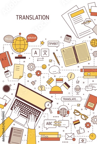 Vertical banner template with hands of translators typing on laptop and making writing notes. Translation of foreign languages, international communication. Vector illustration in linear style.